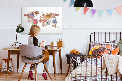 Decoratief glazen wandbord beschrijfbaar en magnetisch Wereldkaart met foto's en aantekeningen