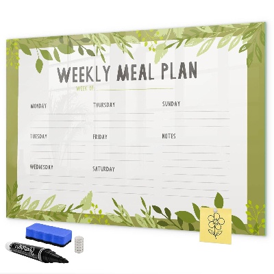 Memobord van glas met print inclusief neodymium magneten Maaltijdplan voor de week