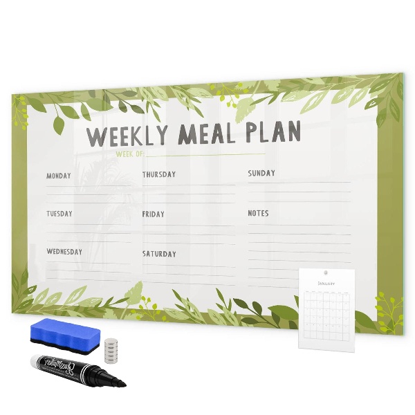 Memobord van glas met print inclusief neodymium magneten Maaltijdplan voor de week