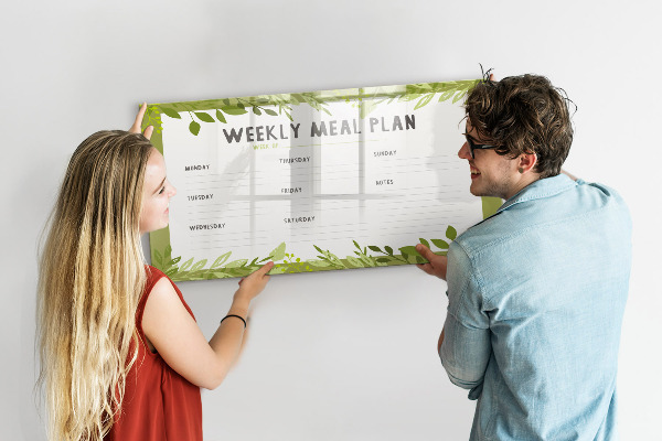 Memobord van glas met print inclusief neodymium magneten Maaltijdplan voor de week