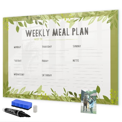 Memobord van glas met print inclusief neodymium magneten Maaltijdplan voor de week