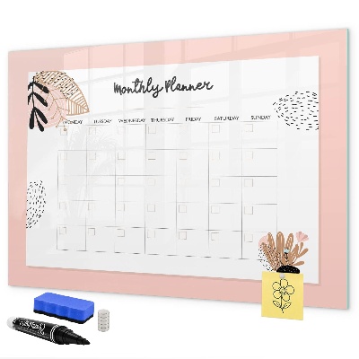 Decoratief glazen wandbord beschrijfbaar en magnetisch Maandplanner met ruimte voor foto's