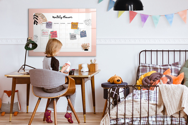 Decoratief glazen wandbord beschrijfbaar en magnetisch Maandplanner met ruimte voor foto's