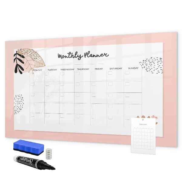 Decoratief glazen wandbord beschrijfbaar en magnetisch Maandplanner met ruimte voor foto's