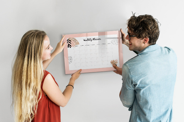 Decoratief glazen wandbord beschrijfbaar en magnetisch Maandplanner met ruimte voor foto's