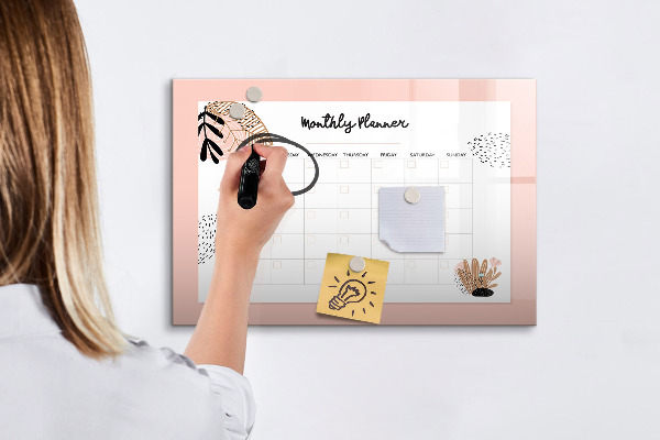 Decoratief glazen wandbord beschrijfbaar en magnetisch Maandplanner met ruimte voor foto's
