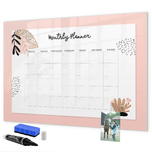 Decoratief glazen wandbord beschrijfbaar en magnetisch Maandplanner met ruimte voor foto's