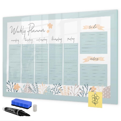 Decoratief glazen wandbord beschrijfbaar en magnetisch Weekplanner met ruimte voor foto's