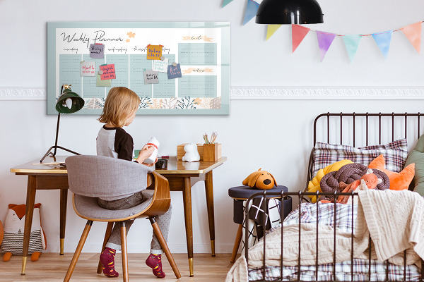 Decoratief glazen wandbord beschrijfbaar en magnetisch Weekplanner met ruimte voor foto's
