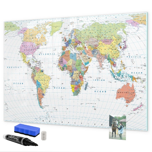 Decoratief glazen wandbord beschrijfbaar en magnetisch Wereldkaart met persoonlijke foto's