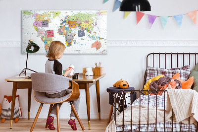 Decoratief glazen wandbord beschrijfbaar en magnetisch Wereldkaart met persoonlijke foto's