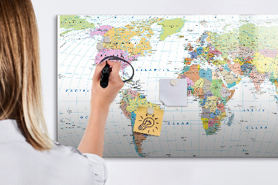 Decoratief glazen wandbord beschrijfbaar en magnetisch Wereldkaart met persoonlijke foto's