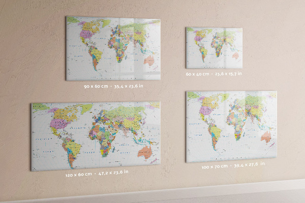 Decoratief glazen wandbord beschrijfbaar en magnetisch Wereldkaart met persoonlijke foto's