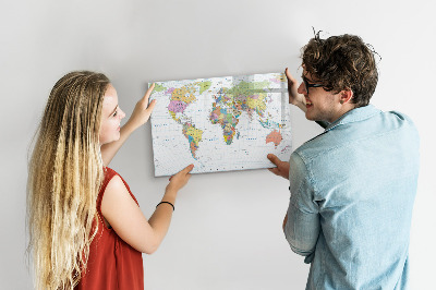 Decoratief glazen wandbord beschrijfbaar en magnetisch Wereldkaart met persoonlijke foto's
