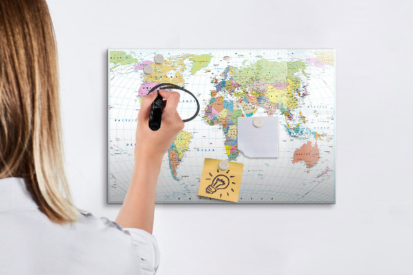 Decoratief glazen wandbord beschrijfbaar en magnetisch Wereldkaart met persoonlijke foto's
