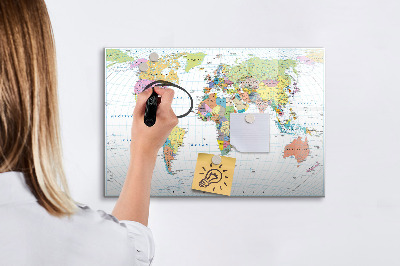 Decoratief glazen wandbord beschrijfbaar en magnetisch Wereldkaart met persoonlijke foto's