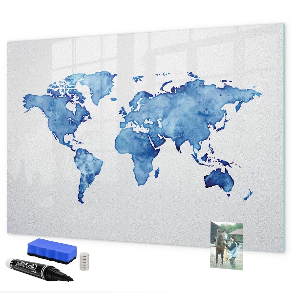 Decoratief glazen wandbord beschrijfbaar en magnetisch Een wereldkaart met persoonlijke herinneringen.