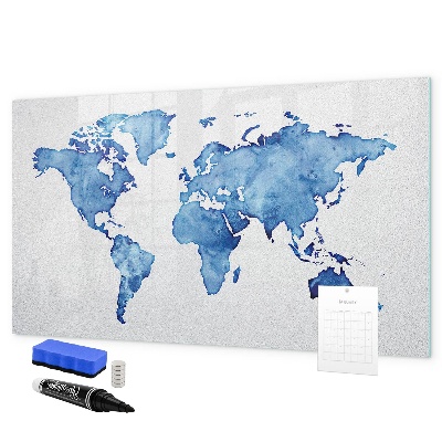Decoratief glazen wandbord beschrijfbaar en magnetisch Een wereldkaart met persoonlijke herinneringen.
