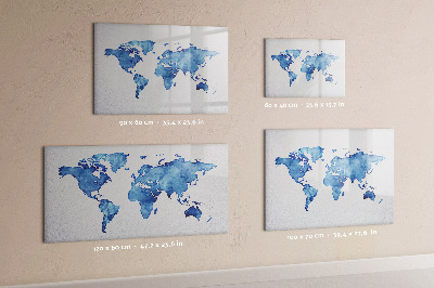 Decoratief glazen wandbord beschrijfbaar en magnetisch Een wereldkaart met persoonlijke herinneringen.
