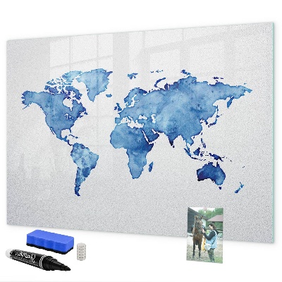 Decoratief glazen wandbord beschrijfbaar en magnetisch Een wereldkaart met persoonlijke herinneringen.