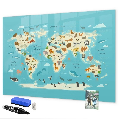 Memobord van glas met print inclusief neodymium magneten Wereldkaart met illustraties en foto's