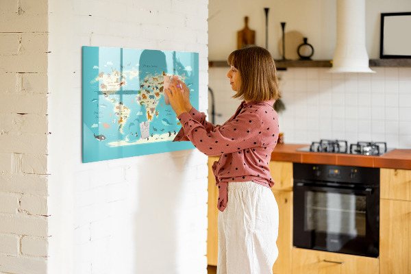 Memobord van glas met print inclusief neodymium magneten Wereldkaart met illustraties en foto's