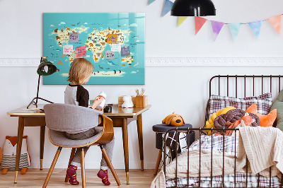 Memobord van glas met print inclusief neodymium magneten Wereldkaart met illustraties en foto's
