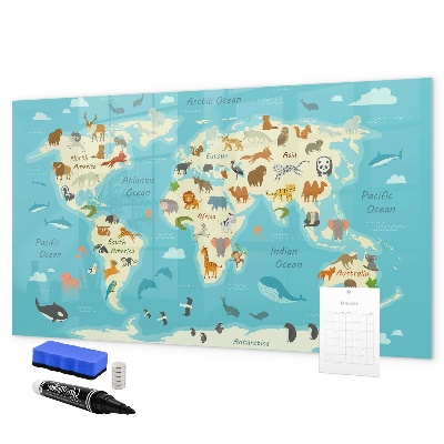 Memobord van glas met print inclusief neodymium magneten Wereldkaart met illustraties en foto's