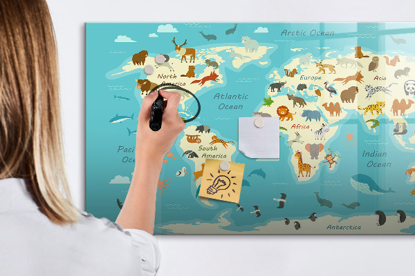 Memobord van glas met print inclusief neodymium magneten Wereldkaart met illustraties en foto's