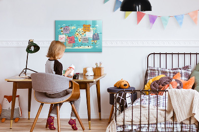 Memobord van glas met print inclusief neodymium magneten Wereldkaart met illustraties en foto's