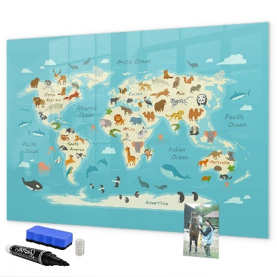 Memobord van glas met print inclusief neodymium magneten Wereldkaart met illustraties en foto's