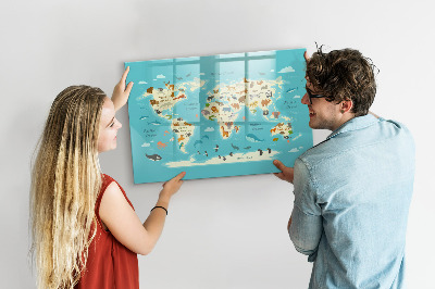 Memobord van glas met print inclusief neodymium magneten Wereldkaart met illustraties en foto's