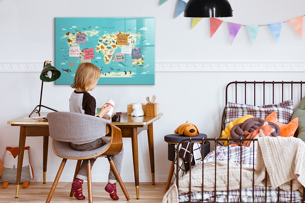 Memobord van glas met print inclusief neodymium magneten Wereldkaart met illustraties en foto's