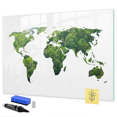 Decoratief glazen wandbord beschrijfbaar en magnetisch Groene wereldkaart met foto's