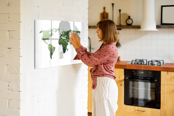Decoratief glazen wandbord beschrijfbaar en magnetisch Groene wereldkaart met foto's