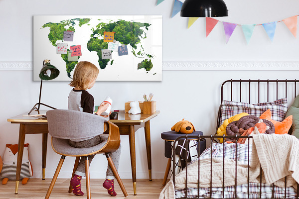 Decoratief glazen wandbord beschrijfbaar en magnetisch Groene wereldkaart met foto's