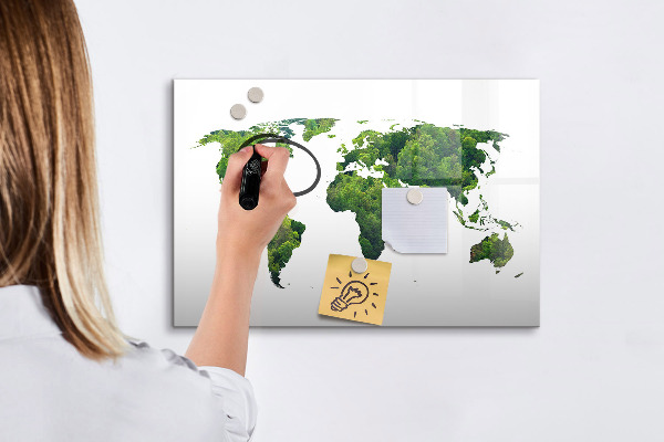 Decoratief glazen wandbord beschrijfbaar en magnetisch Groene wereldkaart met foto's