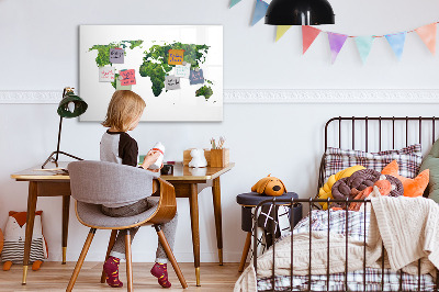 Decoratief glazen wandbord beschrijfbaar en magnetisch Groene wereldkaart met foto's