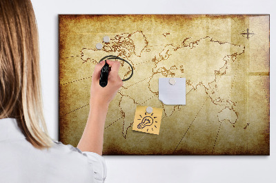Decoratief glazen wandbord beschrijfbaar en magnetisch Een wereldkaart met persoonlijke herinneringen.