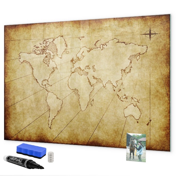 Decoratief glazen wandbord beschrijfbaar en magnetisch Een wereldkaart met persoonlijke herinneringen.