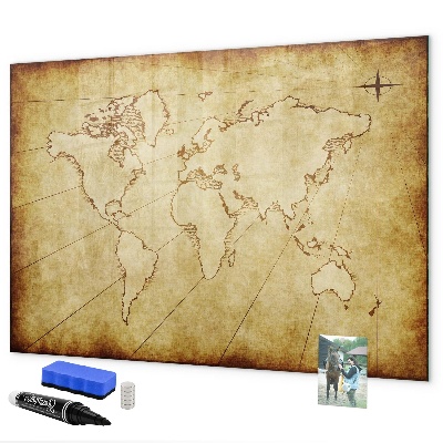 Decoratief glazen wandbord beschrijfbaar en magnetisch Een wereldkaart met persoonlijke herinneringen.