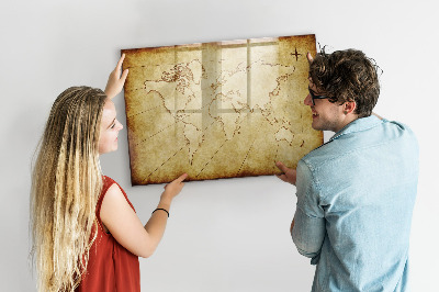 Decoratief glazen wandbord beschrijfbaar en magnetisch Een wereldkaart met persoonlijke herinneringen.