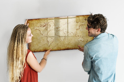 Decoratief glazen wandbord beschrijfbaar en magnetisch Een wereldkaart met persoonlijke herinneringen.