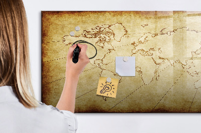 Decoratief glazen wandbord beschrijfbaar en magnetisch Een wereldkaart met persoonlijke herinneringen.