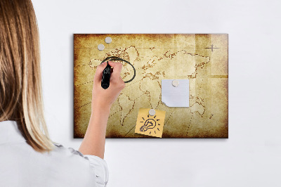 Decoratief glazen wandbord beschrijfbaar en magnetisch Een wereldkaart met persoonlijke herinneringen.