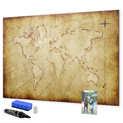 Decoratief glazen wandbord beschrijfbaar en magnetisch Een wereldkaart met persoonlijke herinneringen.