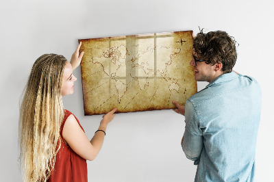 Decoratief glazen wandbord beschrijfbaar en magnetisch Een wereldkaart met persoonlijke herinneringen.