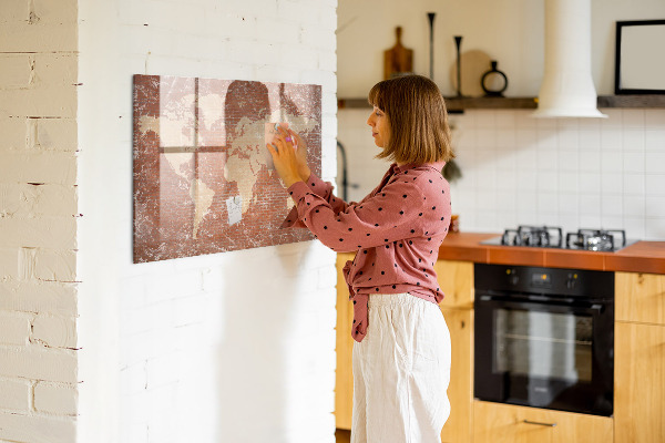 Decoratief glazen wandbord beschrijfbaar en magnetisch Wereldkaart met fotolocaties