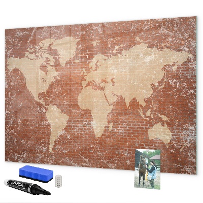 Decoratief glazen wandbord beschrijfbaar en magnetisch Wereldkaart met fotolocaties