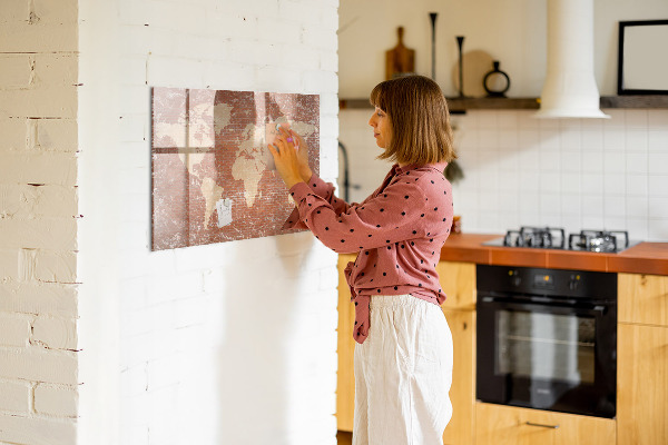 Decoratief glazen wandbord beschrijfbaar en magnetisch Wereldkaart met fotolocaties